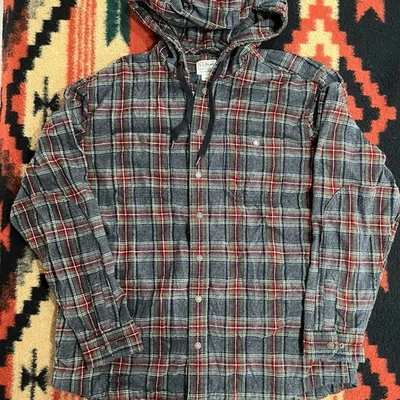 LL Bean Shirt Mens Large Grey Plaid Hooded Flannel Snap Button Fitted Hoodie - Image 1 of 4