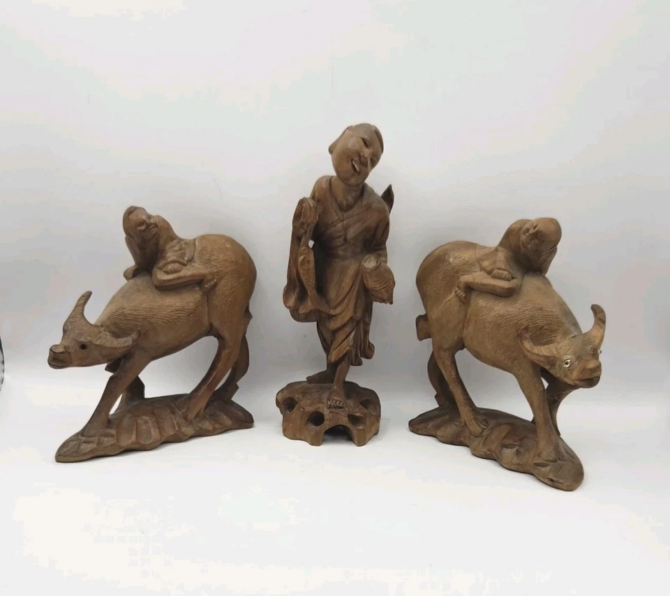 (3) Chinese Wood Hand Carved Figures Two Riding Water Buffalos Antique  - Image 1 of 4