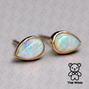 Minimalist Pear Shaped Australian Solid Opal Stud Earrings 14K Yellow Gold - Picture 1 of 7