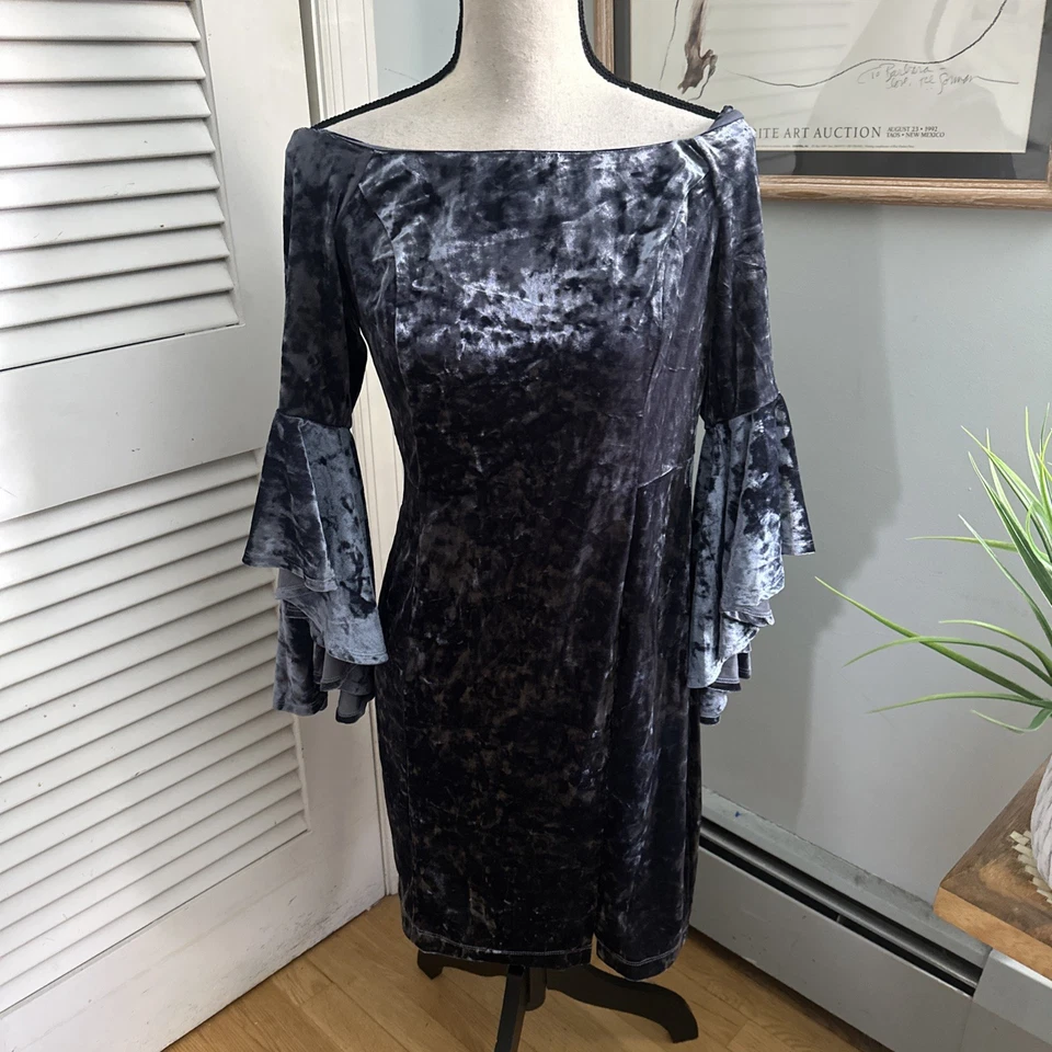 BAILEY BLUE Dress Womens XL Blue Crushed Velvet Bell Sleeve Holiday Evening Glam - Image 1 of 4