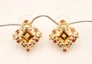 Beautiful 3ct Citrine & Topaz 14k Solid Yellow Gold Stud Earrings 585 Floral 4g - Picture 1 of 7