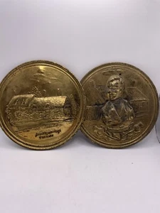 Set Of 2 England Elpec Brass medallions literary Robert Burns and Cottage - Picture 1 of 8