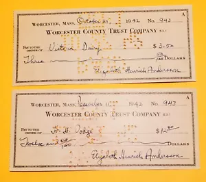 WORCESTER COUNTY TRUST CO, 1942 PERFORATD BANK CHECKS-VICTORIA DAIRY & H H DODGE - Picture 1 of 3