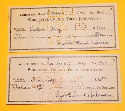 WORCESTER COUNTY TRUST CO, 1942 PERFORATD BANK CHECKS-VICTORIA DAIRY & H H DODGE - Image 1 of 3