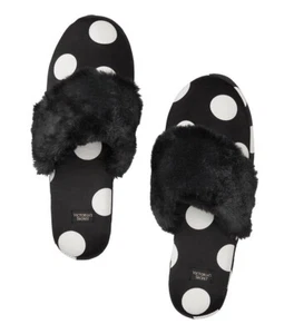 Victoria's Secret BLACK POLKA DOT Satin Logo Slippers Faux Fir Trim LARGE 9 10 - Picture 1 of 2