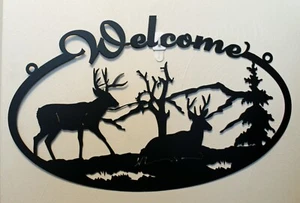 Welcome DEER Scene Oval Sign Bucks in Trees and Mountains Plasma Metal Wall Art - Picture 1 of 2