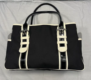 Vtg Isabella Fiore Black Patent Canvas Ivory Trim Handbag Top Handles Kiss Lock  - Picture 1 of 12