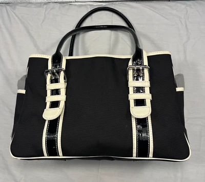 复古 Isabella Fiore 黑色专利帆布象牙装饰手提包顶部手柄接吻锁  — 第 1/4 张图片