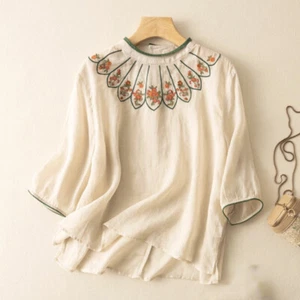 Mujeres Camisas Étnicas Bordadas Blusa Top Retro Camisetas Algodón Chino - Imagen 1 de 9