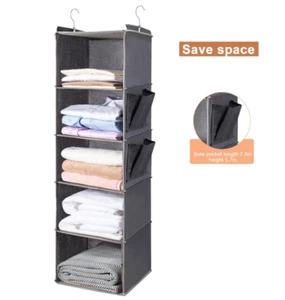 Hanging Closet Organize and Shelves, 5-Hanging Shelf with 2 Side Pockets, Grey - Picture 1 of 12