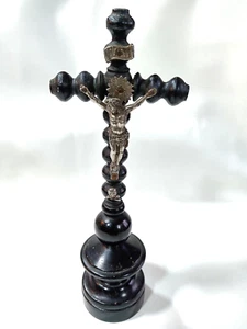 Ancien Crucifix bois tourné laqué noir Fin XIXème Napoléon III H:23,5 Cm. NR - Imagen 1 de 6