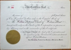 Helena, MT 1890 Stock Certificate: First National Bank of Helena, Montana - Mont - Picture 1 of 1