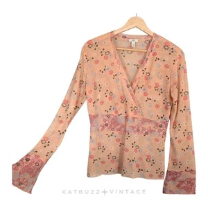 Vintage Babydoll Top PM Orange Peach Y2K Fairy Mesh Sheer Floral Long Sleeve - Picture 1 of 11