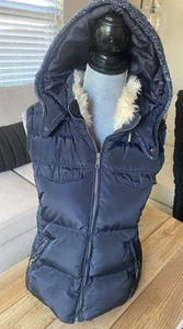 Zara Trafaluc Navy Blue Hooded Puffer Vest Faux Fur  Collar Size XXL - Picture 1 of 6