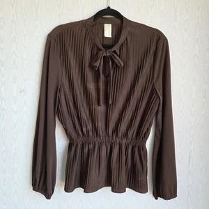 Vtg 60s 70s M/L Pleated Pussybow Blouse Chocolate Brown Long Sleeve Retro - Picture 1 of 9