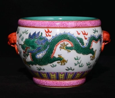 Tarro tanque olla 7.8" Qianlong color esmalte porcelana dragón fénix dos orejas de bestia Foto 1 de 4