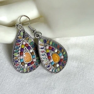 Vintage Boho Mosaic Teardrop Dangle Earrings – Multicolor enamel - Picture 1 of 7