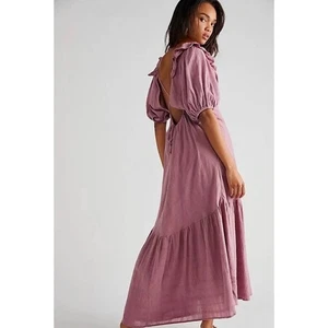 Free People Kaylyn M Maxi Abito Malva Scollo Increspato Lacci Cravatta Schiena A Livelli Boho - Foto 1 di 13