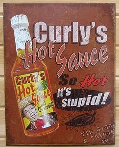 Curly's Hot Sauce Anzeige BLECHSCHILD Chili Pfeffer Bar Küche Dekor drei Handlanger 1893 - Bild 1 von 9