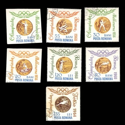 Romênia, Scott 1691-1697, metal dourado olímpico, 1964, usado - Imagem 1 de 2