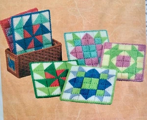 Craftways Plastic Canvas Kit 273482 QUILT BLOCK COASTERS & HOLDER Makes 6 - Picture 1 of 3