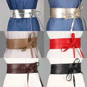 Women Casual Solid Color Wide Faux Leather Corset Waist Belt Dress Waistband - Picture 1 of 10