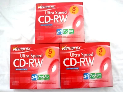 Memorex CD-RW Lot 5 Pack Rewritable Ultra Speed 24x 700mb, 80 mins, New Sealed - Image 1 of 2