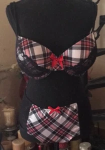 2 Piece Plaid Red Black Sexy Bra & Pantie Lingerie Set Plus Size - Picture 1 of 5