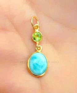 Natural Larimar And Peridot Gold charm ,18kt Gold Charm, Handmade Jewelry - Picture 1 of 5