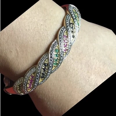Gold Over Sterling Silver Hinged Bangle Multi Colors Stone Signed R 22 Gram 7.5” - Image 1 of 4