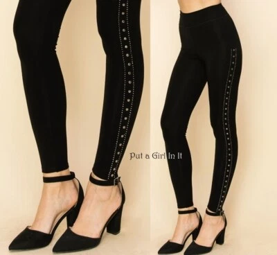 New VOCAL Womens EMBELLISHED STUDDED STONE SOFT BLACK LEGGINGS S M L XL 1X 2X 3X - Image 1 of 4