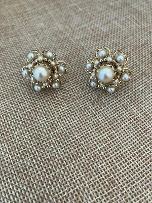 Vintage Signed "Star" Faux Pearl Cluster Style Earrings 1950's Gold Tone - Image 1 of 4