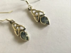 Triquetra Trinity Knot Sterling Silver Earrings -Teardrop Blue Zircon - Celtic - Picture 1 of 6