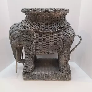 Rattan Wicker Elephant Stool Table Side End Plant Stand Grey Woven Circus Safari - Picture 1 of 19