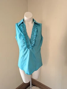 Vintage Fitted Office Core Sleeveless Top Womens S Ruffle Aqua Blue Button Front - Picture 1 of 9