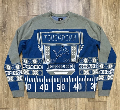 NFL TEAM APPAREL Detroit Lions Men’s Christmas Sweater 2XL XXL Touchdown RARE Cover