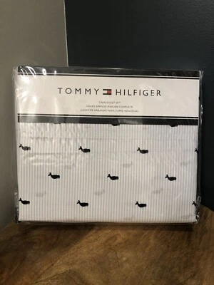 New TOMMY HILFIGER - 3 PC TWIN Sheet Set - Blue STRIPES & Navy WHALES - Image 1 of 4