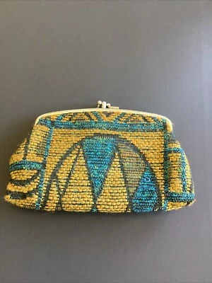 Carteira feminina tapeçaria embreagem carpete bolsa dividida dupla Kisslock geométrica anos 70 vintage - Imagem 1 de 4