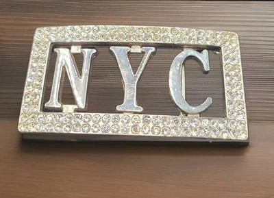 Hebilla de cinturón vintage cromada "NYC" Bling pedrería de la ciudad de Nueva York 3,75" x 2" Foto 1 de 4