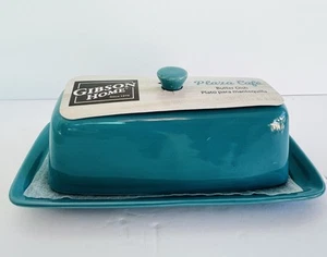 Gibson Home Plaza Café Teal Butter Dish Stoneware Lid & Tray | Aqua | Turquoise - Picture 1 of 8