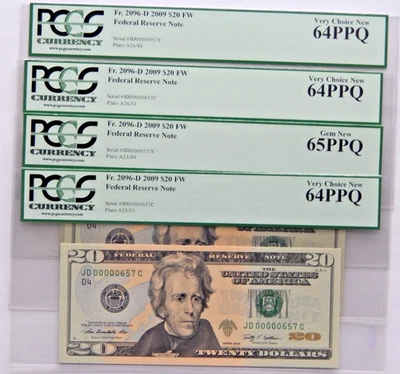 Set of 4 2009 $20 Three Digit Serial Numbers 657, 757, 857, 957 - PCGS 64PPQ - Image 1 of 4