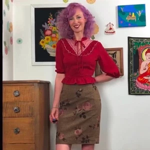 Vintage Tweed Rose Print Skirt, y2k Ann Taylor Loft Pencil Skirt, Sz XS - Picture 1 of 14