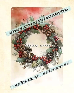 Christmas Wreath Tin Sign Rustic Winter Decor - Picture 1 of 4