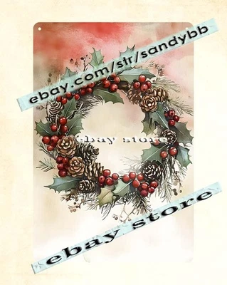Christmas Wreath Tin Sign Rustic Winter Decor - Image 1 of 4