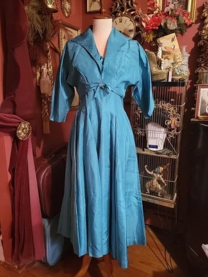 Vestido de cóctel azul vintage años 50 con chaqueta a juego  Foto 1 de 4