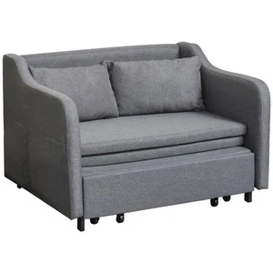 HOMCOM Pull Out Sofa Bed Fabric 2 Seater Sofa Couch with 2 Pillows Grey - Picture 1 of 11