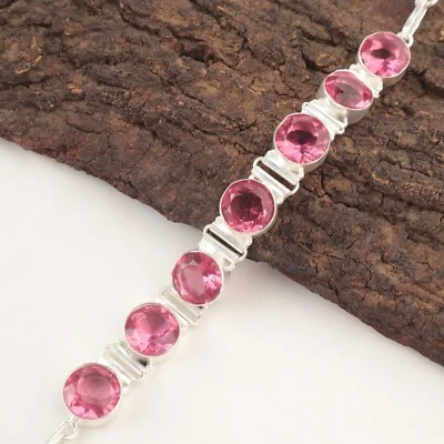 Natural Pink Tourmaline Gemstone Chain Bracelet 925 Sterling Silver For Girls - Image 1 of 4