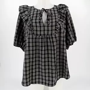 Top Loft blanco y negro a cuadros manga abullonada con volantes cuello atado para mujer talla grande - Imagen 1 de 5