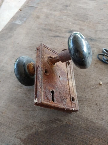 Vintage Brass RE Co. and Yale Mortise Door Lock with Black Porcelain Knobs Cover