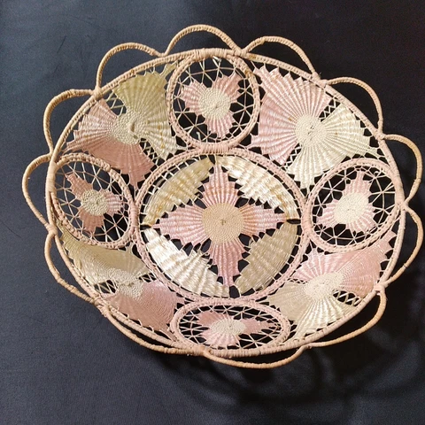 Antique Victorian Woven Wicker Straw Basket Bowl Pink and White Cover